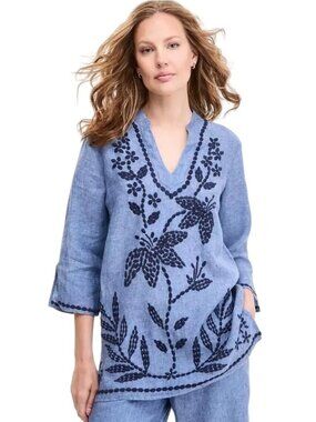 Charter Club Blue Linen Tunic Navy Embroidered Floral Design V-Neck 3/4 Sleeves